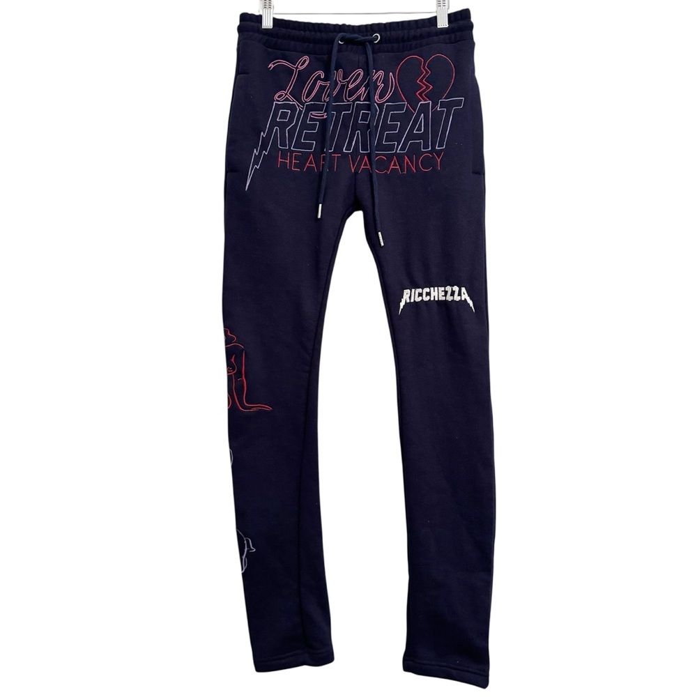 Ricchezza Lovers Retreat Sweatpants Navy Blue Embroidered Small